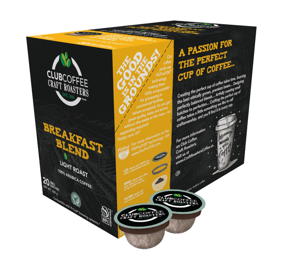 Club Coffee Craft Roasters | Breakfast Blend Single Serve Pods | Light Roast | 120 Count (20 Count, Pack of 6) | Compostable Coffee Pods | Keurig Brewer Compatible | Rainforest Alliance Certified