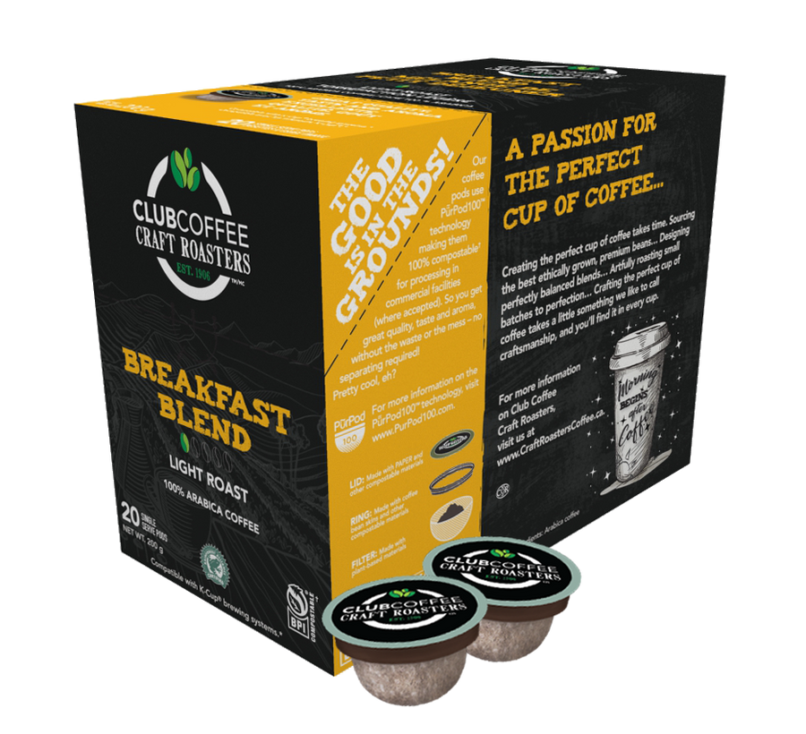 Club Coffee Craft Roasters | Breakfast Blend Single Serve Pods | Light Roast | 120 Count (20 Count, Pack of 6) | Compostable Coffee Pods | Keurig Brewer Compatible | Rainforest Alliance Certified