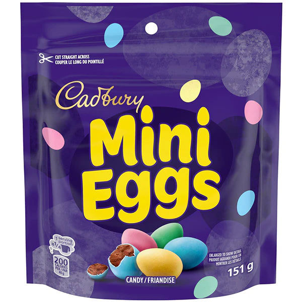 Cadbury Mini Eggs packaging with colorful eggs on a purple background