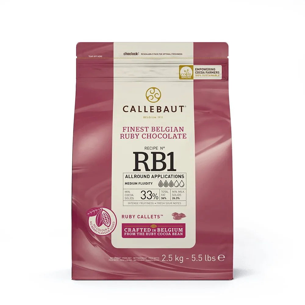 Callebaut RB1 33% Ruby Couverture Chocolate Callets - 2.5KG - Barry Callebaut Canadian Distribution