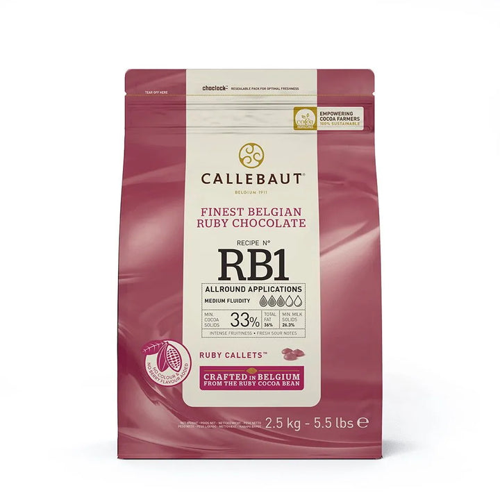 Callebaut RB1 33% Ruby Couverture Chocolate Callets - 2.5KG - Barry Callebaut Canadian Distribution