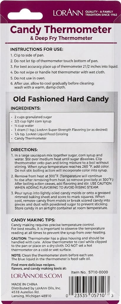 Lorann Candy Thermometer packaging with instructions and ingredients list. fun foods canada