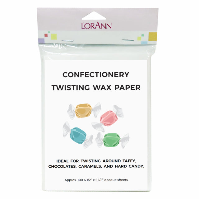 Packaging of LorAnn confectionery twisting wax paper with illustrations of candies.