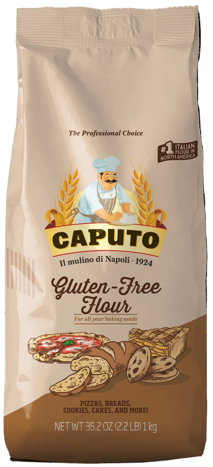A 35.2 oz bag of Caputo Gluten-Free Flour, featuring a beige and brown design with an illustration of a baker and food items like pizza, bread, and cookies  in Canada.