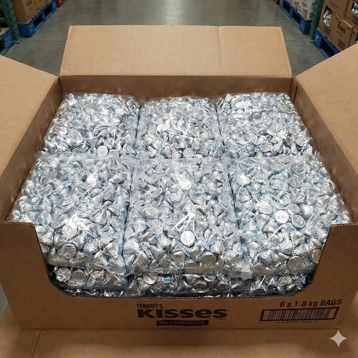 Cardboard box filled with Hershey's Kisses candy in a warehouse setting