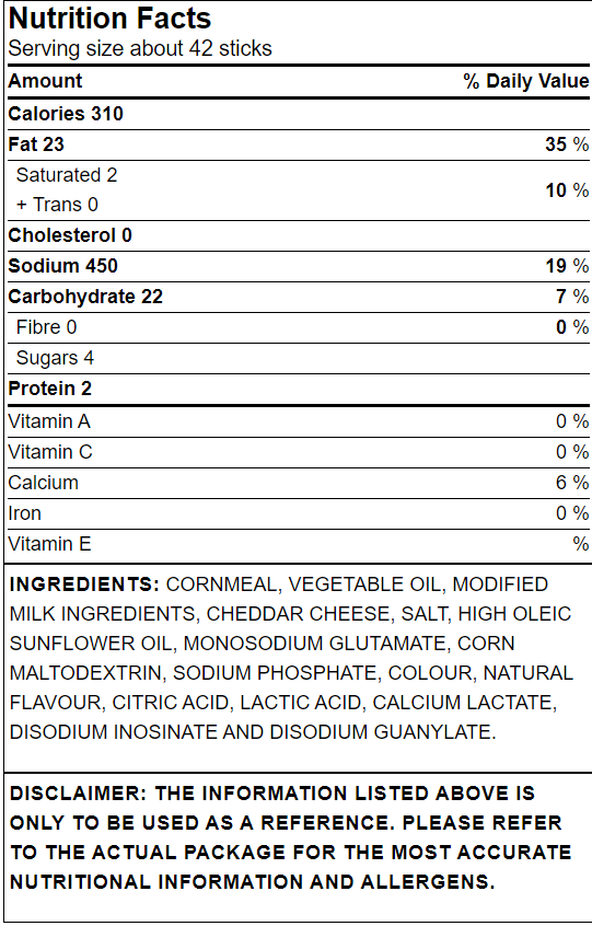 Nutritional Info Humpty Dumpty Cheese Stix 42 x 40g