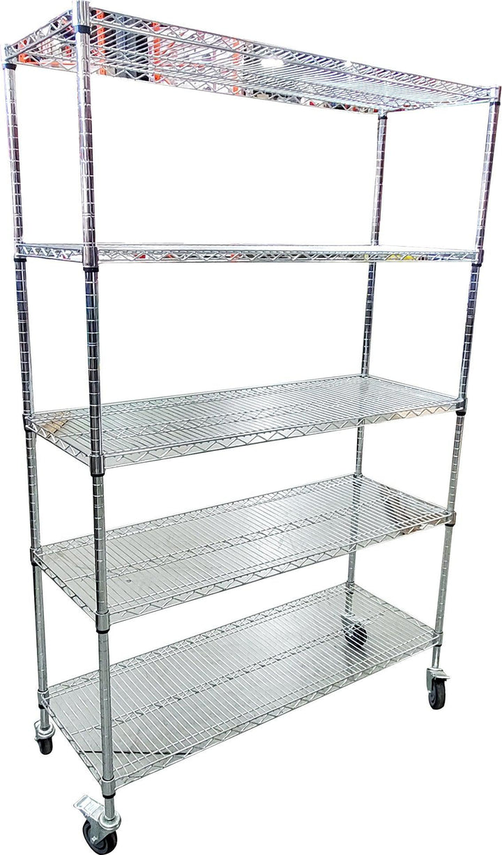 Chrome Wire Shelving - 5 Shelves w/ Wheels - 48x18x72"