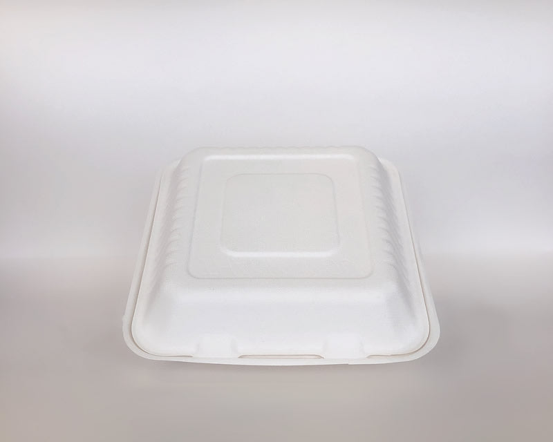 9" x 9" x 3" Sugarcane Clamshell 3 Compartment 200cs BPI - Disposable Take Away Food Packaging - Canadian Distribution