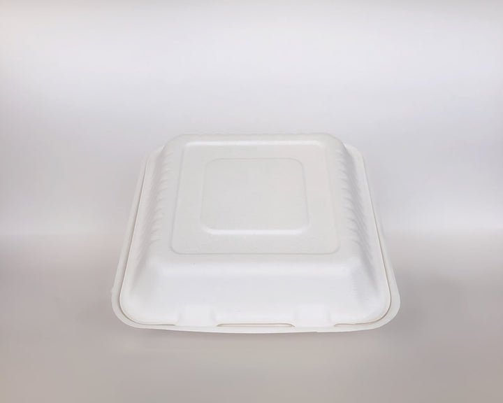 9" x 9" x 3" Sugarcane Clamshell 3 Compartment 200cs BPI - Disposable Take Away Food Packaging - Canadian Distribution
