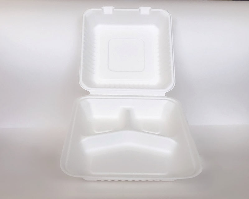 9" x 9" x 3" Sugarcane Clamshell 3 Compartment 200cs BPI