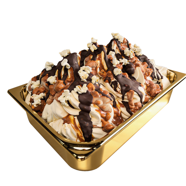 Caramel Salty Flakes Cone Dip Coating used as Stracciatella to ripple and fill Gelato tub