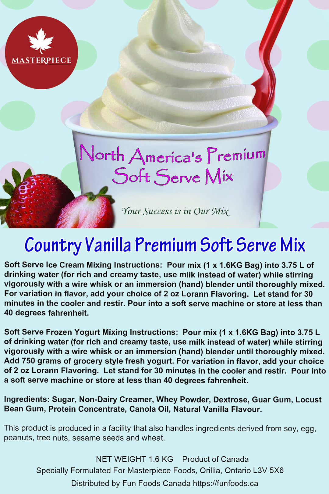 Country Vanilla Premium 3-in-1 Soft Serve Mix - 3.5 Lbs Bag - Case (12 x 3.5lb Bags) - Made in Canada