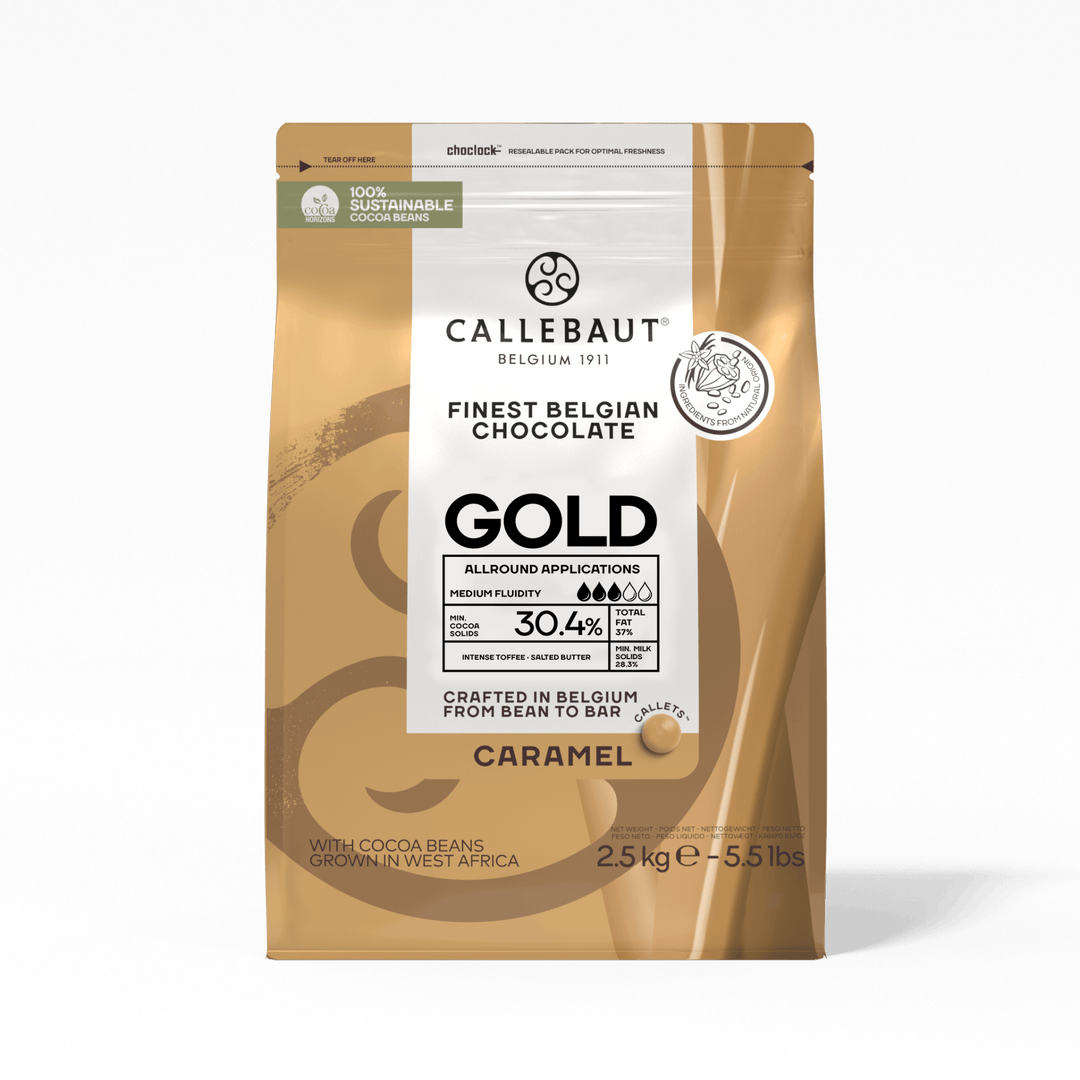 CALLEBAUT - Gold White Chocolate Callets Caramel Taste - Couvertures - 2.5KG Bag - Case of 4 x 2.5KG - Barry Callebaut Canadian Distribution