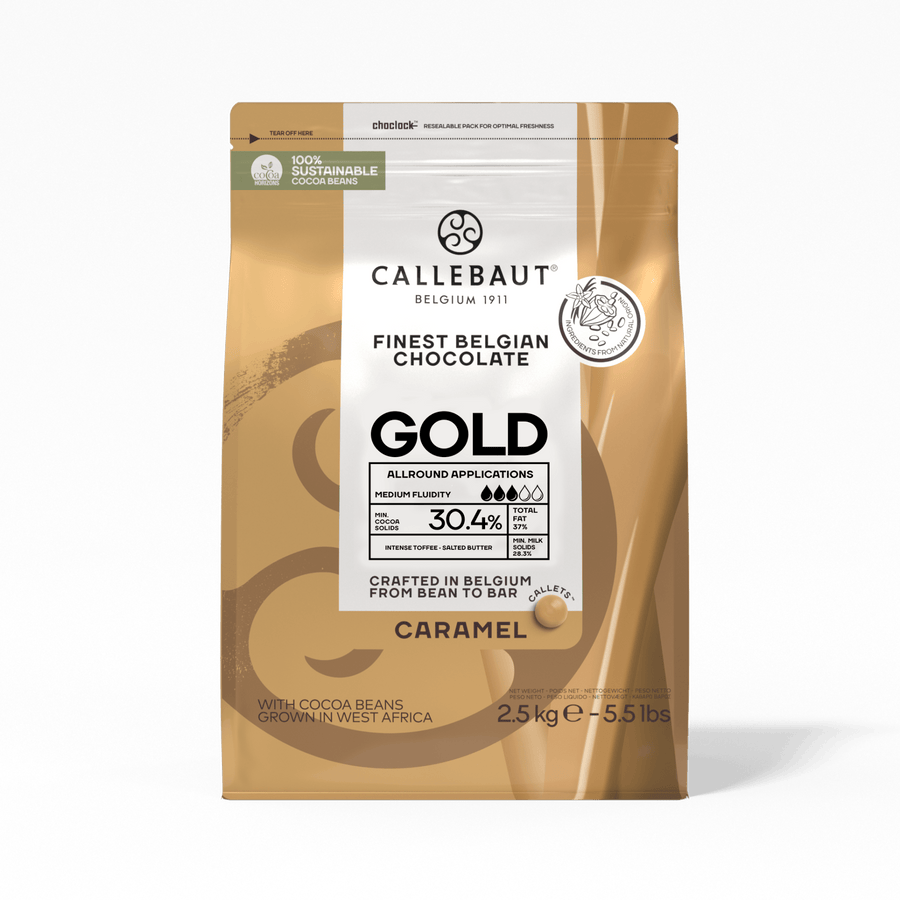 CALLEBAUT - Gold White Chocolate Callets Caramel Taste - Couvertures - 2.5KG Bag - Case of 4 x 2.5KG - Barry Callebaut Canadian Distribution