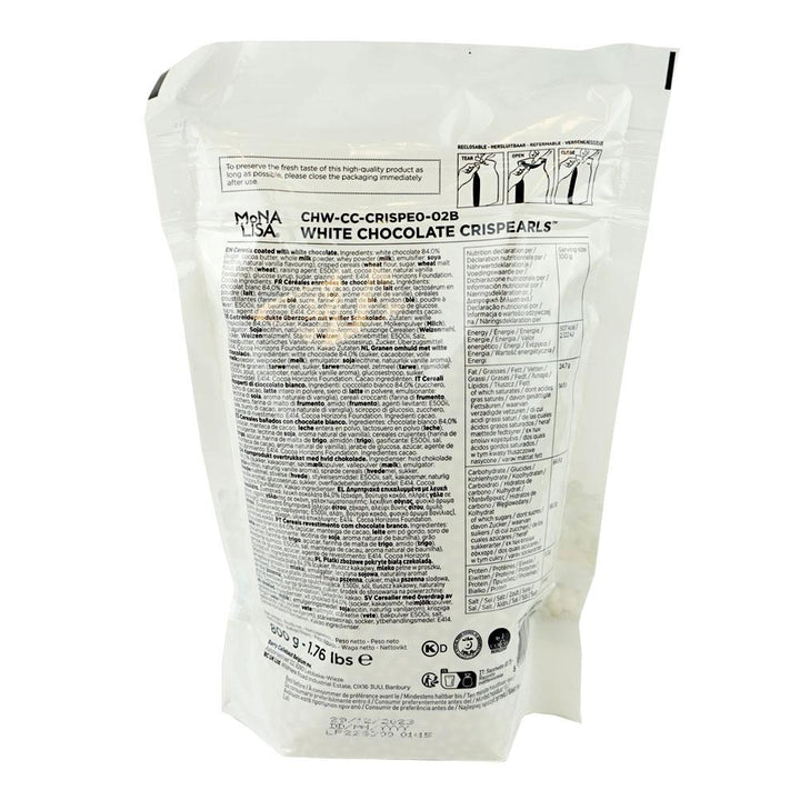 White chocolate crispearls packaging with nutritional information on a white background