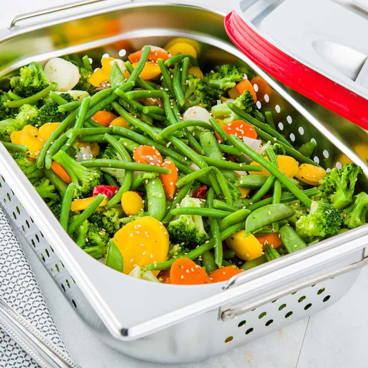 Restaurantware Met Lux 1/2-Size Stainless Steel Steam Table Pan, With 4In Collapsible Handles, Anti Jam, Perforated - Restaurant Equipment and Smallwares - Canadian Distribution