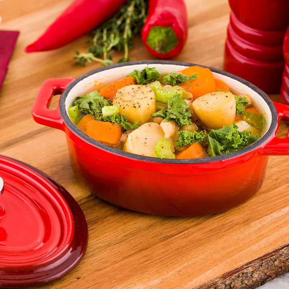 Restaurantware Mini 9oz Red Enameled Cast Iron Oval Casserole Dish, With Stainless Steel Knob - Restaurant Equipment and Smallwares - Canadian Distribution - Ships Free Within Canada on Orders Above CAD $199