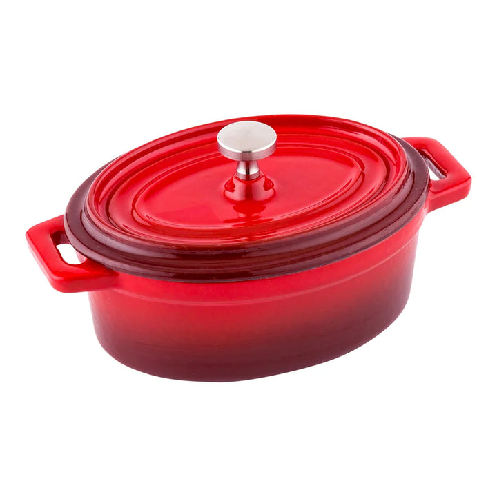 Restaurantware Mini 9oz Red Enameled Cast Iron Oval Casserole Dish, With Stainless Steel Knob - Restaurant Equipment and Smallwares - Canadian Distribution