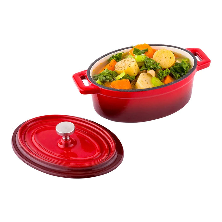 Restaurantware Mini 9oz Red Enameled Cast Iron Oval Casserole Dish, With Stainless Steel Knob - Restaurant Equipment and Smallwares - Canadian Distribution - Ships Free Within Canada on Orders Above CAD $199