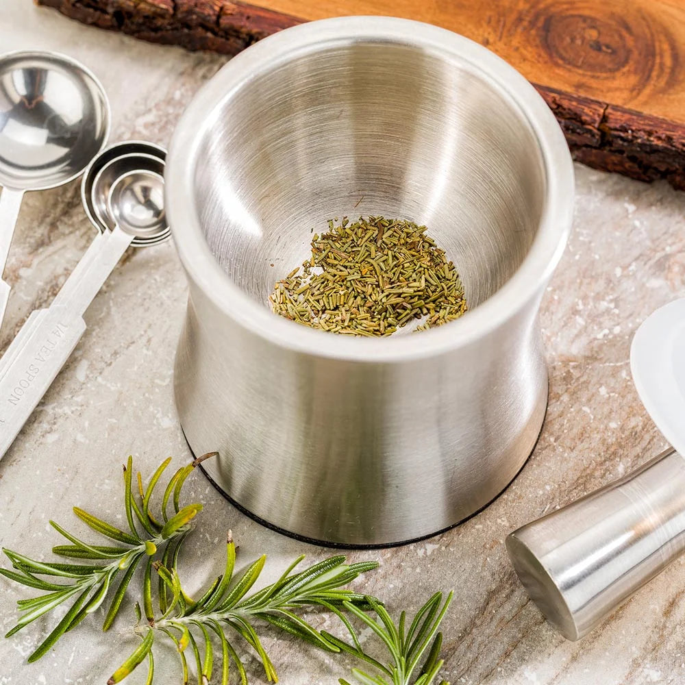 Restaurantware 5 Inch Stainless Steel Slip Resistant Mortar And Pestle, With Plastic Lid & 7 Inch Pestle - Restaurant Equipment and Smallwares - Canadian Distribution - Ships Free Within Canada on Orders Above CAD $199