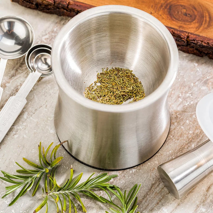Restaurantware 5 Inch Stainless Steel Slip Resistant Mortar And Pestle, With Plastic Lid & 7 Inch Pestle - Restaurant Equipment and Smallwares - Canadian Distribution - Ships Free Within Canada on Orders Above CAD $199