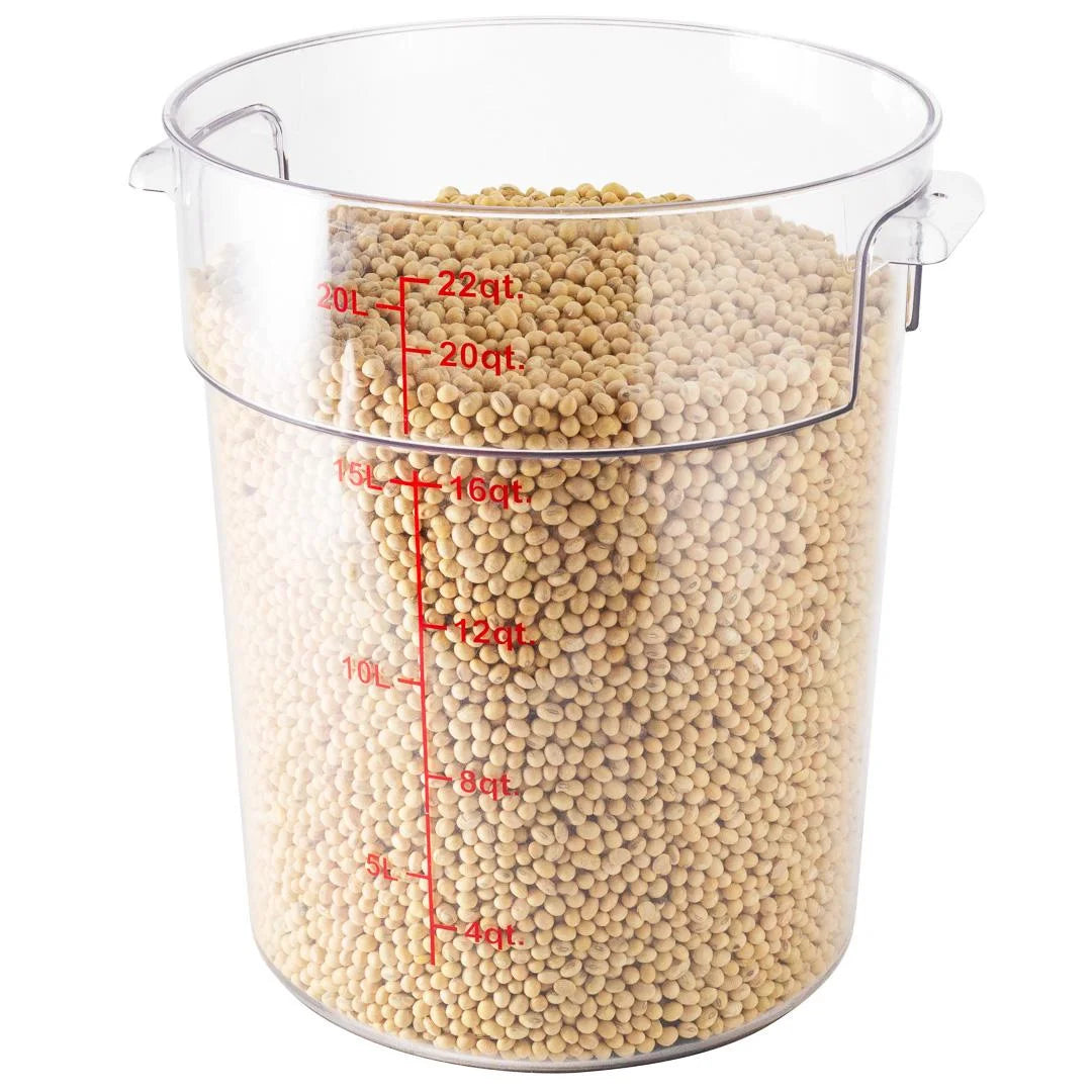 Restaurantware Met Lux 22qt Clear Plastic Food Storage Container, Round, with Red Volume Markers, 12.50 x 12.50 x 15In - 1 Unit/Case - Restaurant Equipment and Smallwares - Canadian Distribution - Ships Free Within Canada on Orders Above CAD $199