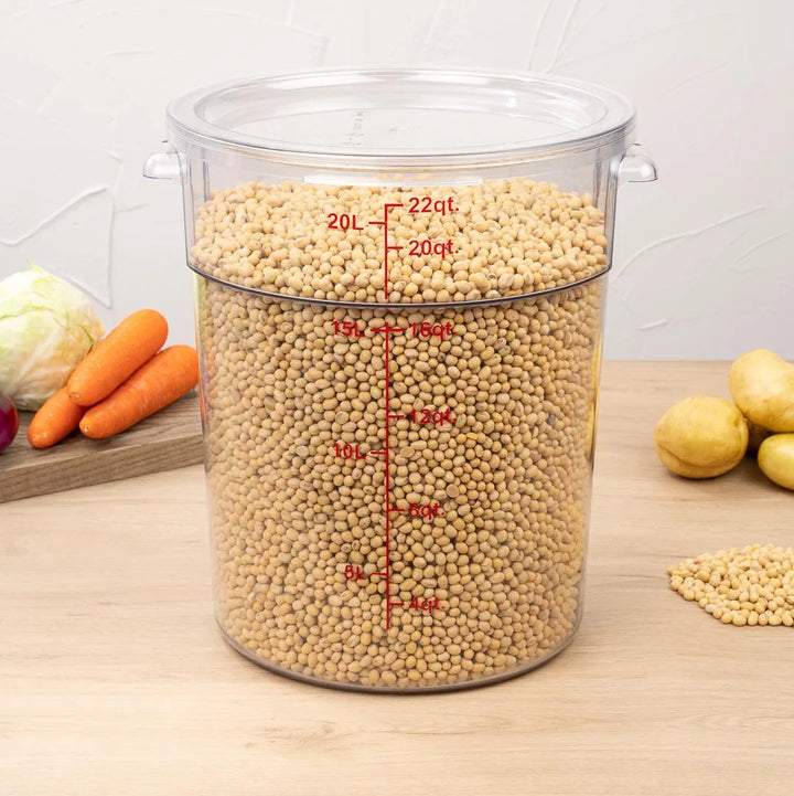 Restaurantware Met Lux 22qt Clear Plastic Food Storage Container, Round, with Red Volume Markers, 12.50 x 12.50 x 15In - 1 Unit/Case - Restaurant Equipment and Smallwares - Canadian Distribution - Ships Free Within Canada on Orders Above CAD $199