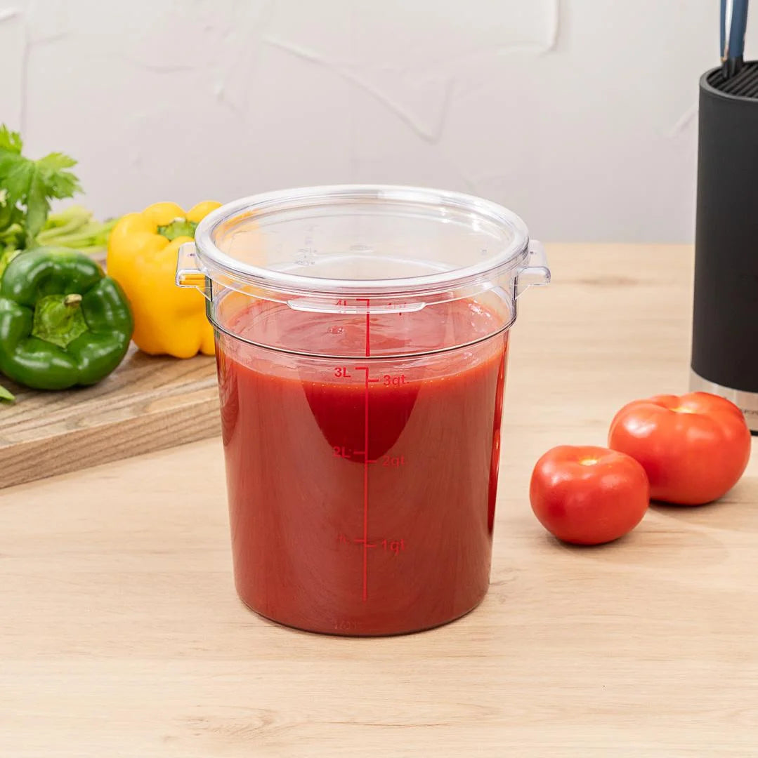 Restaurantware Met Lux 4qt Clear Plastic Food Storage Container, Round, with Red Volume Markers, 7 x 7 x 8.50In - Restaurant Equipment and Smallwares - Canadian Distribution - Ships Free Within Canada on Orders Above CAD $199