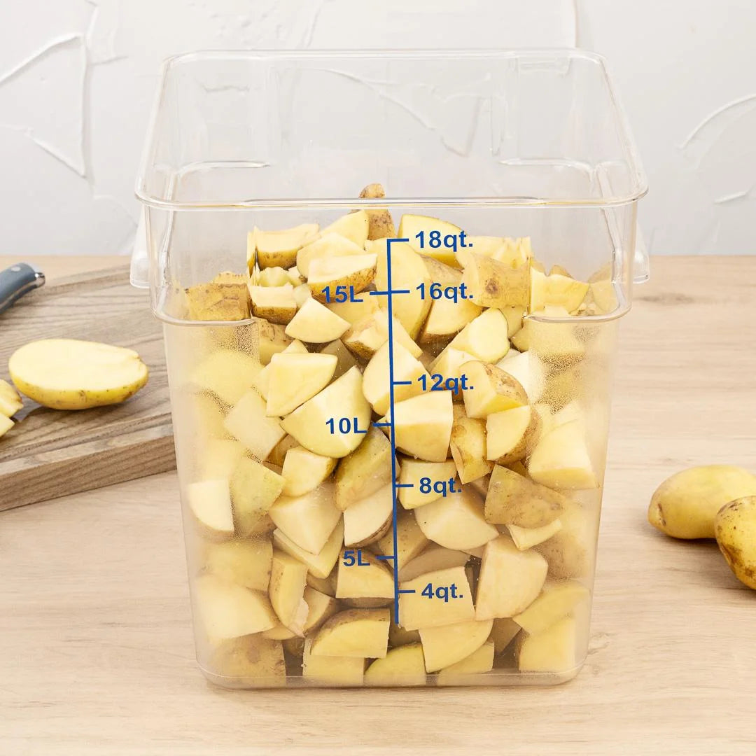 Restaurantware Met Lux 18qt Clear Plastic Food Storage Container, Square, with Blue Volume Markers, 11 x 11 x 12.50In - Restaurant Equipment and Smallwares - Canadian Distribution - Ships Free Within Canada on Orders Above CAD $199