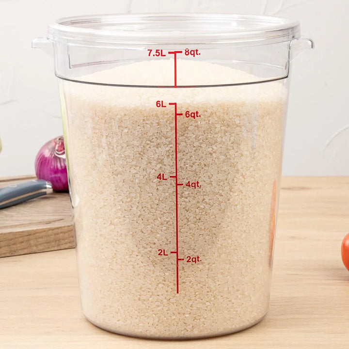 Restaurantware Met Lux 8qt Clear Plastic Food Storage Container, Round, with Red Volume Markers, 8.75 x 8.75 x 10.50In - Restaurant Equipment and Smallwares - Canadian Distribution - Ships Free Within Canada on Orders Above CAD $199