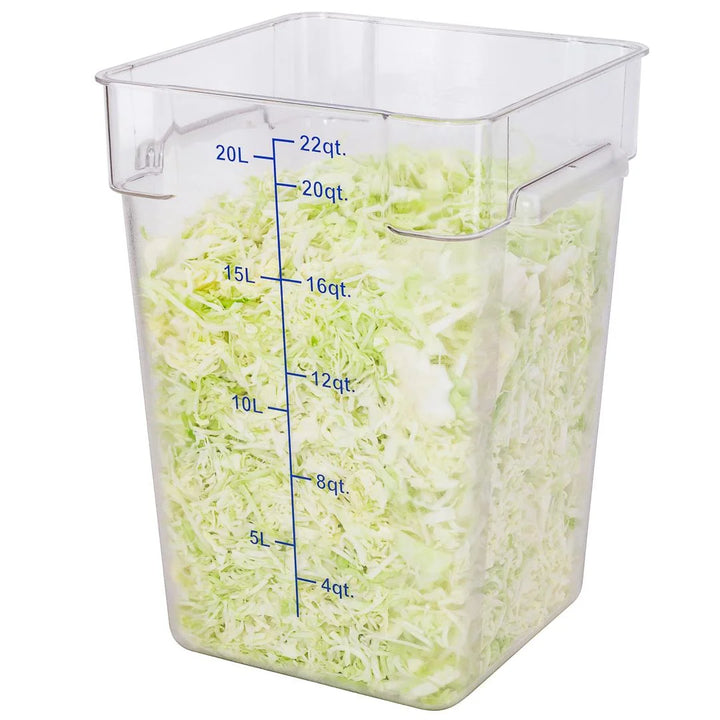 Restaurantware Met Lux 22qt Clear Plastic Food Storage Container, Square, with Blue Volume Markers, 11 x 11 x 15.75In - Restaurant Equipment and Smallwares - Canadian Distribution - Ships Free Within Canada on Orders Above CAD $199