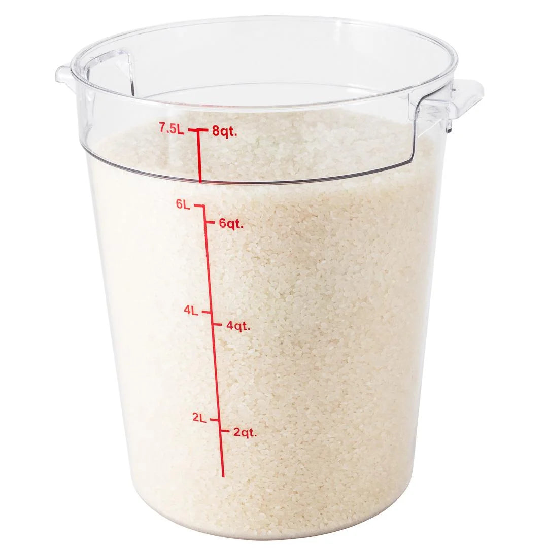 Restaurantware Met Lux 8qt Clear Plastic Food Storage Container, Round, with Red Volume Markers, 8.75 x 8.75 x 10.50In - Restaurant Equipment and Smallwares - Canadian Distribution - Ships Free Within Canada on Orders Above CAD $199