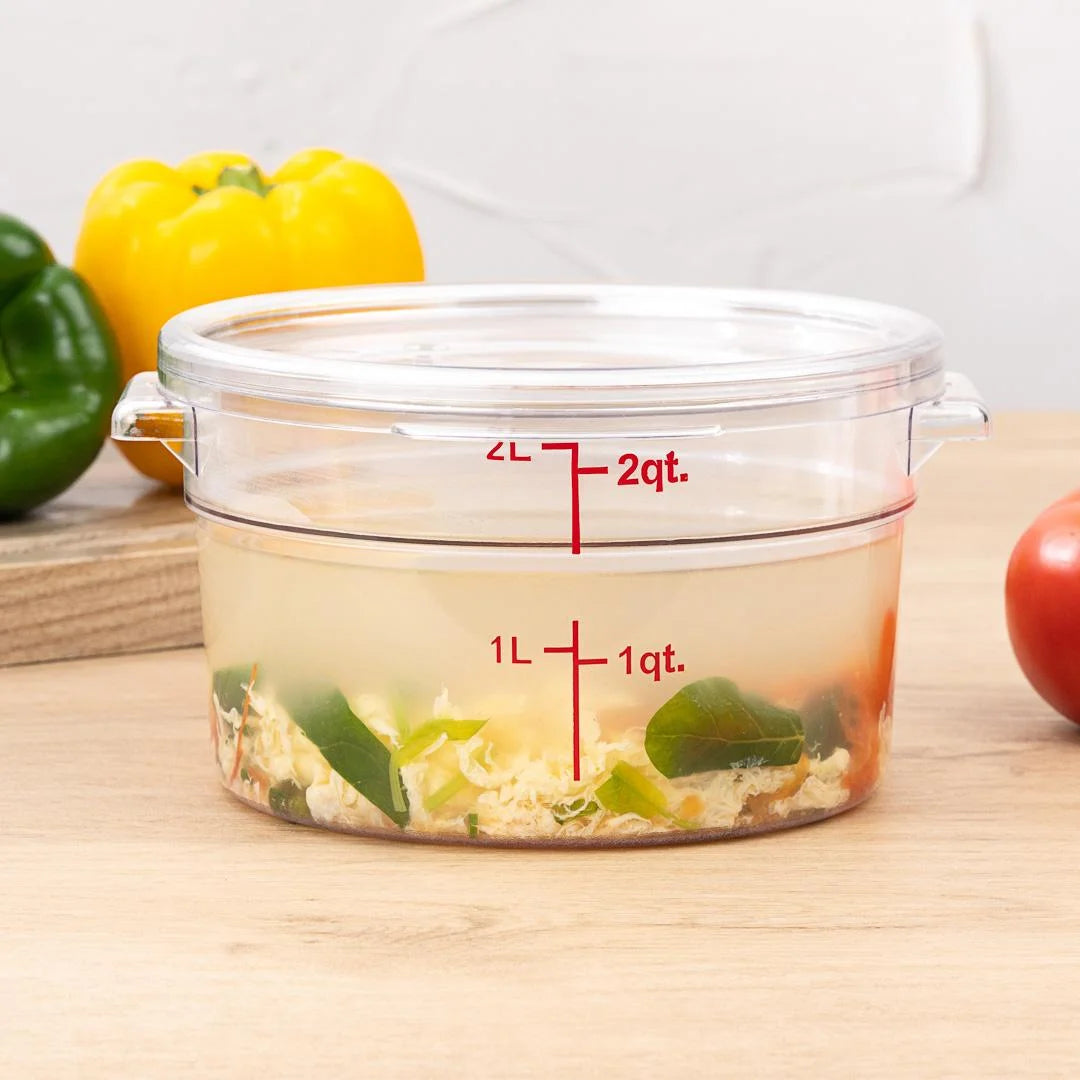 Restaurantware Met Lux 2qt Clear Plastic Food Storage Container, Round, with Red Volume Markers, 7 x 7 x 4.25In - Restaurant Equipment and Smallwares - Canadian Distribution - Ships Free Within Canada on Orders Above CAD $199
