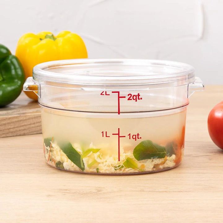 Restaurantware Met Lux 2qt Clear Plastic Food Storage Container, Round, with Red Volume Markers, 7 x 7 x 4.25In - Restaurant Equipment and Smallwares - Canadian Distribution - Ships Free Within Canada on Orders Above CAD $199