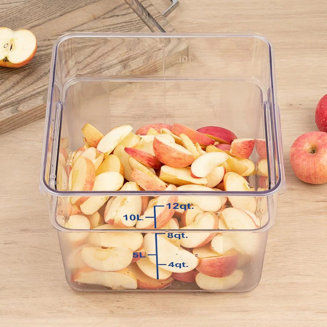 Restaurantware Met Lux 12qt Clear Plastic Food Storage Container, Square, with Blue Volume Markers, 11 x 11 x 8In - Restaurant Equipment and Smallwares - Canadian Distribution - Ships Free Within Canada on Orders Above CAD $199