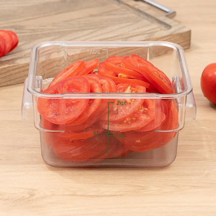 Restaurantware Met Lux 2qt Clear Plastic Food Storage Container, Square, with Green Volume Markers, 7 x 7 x 4In - Restaurant Equipment and Smallwares - Canadian Distribution - Ships Free Within Canada on Orders Above CAD $199