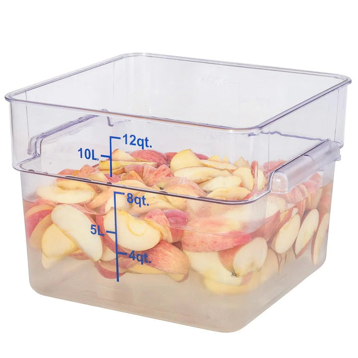 Restaurantware Met Lux 12qt Clear Plastic Food Storage Container, Square, with Blue Volume Markers, 11 x 11 x 8In - Restaurant Equipment and Smallwares - Canadian Distribution - Ships Free Within Canada on Orders Above CAD $199
