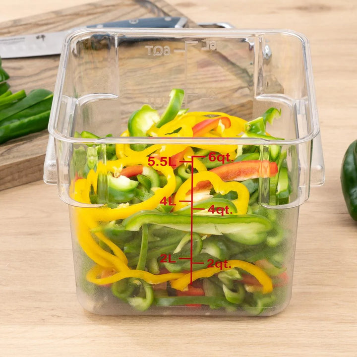 Restaurantware Met Lux 6qt Clear Plastic Food Storage Container, Square, with Red Volume Markers, 9 x 9 x 7.50In - Restaurant Equipment and Smallwares - Canadian Distribution - Ships Free Within Canada on Orders Above CAD $199