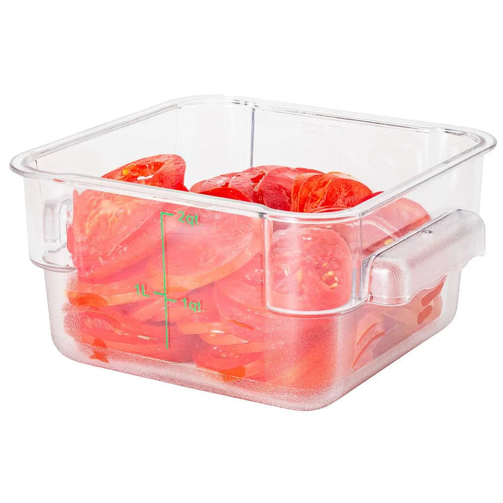 Restaurantware Met Lux 2qt Clear Plastic Food Storage Container, Square, with Green Volume Markers, 7 x 7 x 4In - Restaurant Equipment and Smallwares - Canadian Distribution - Ships Free Within Canada on Orders Above CAD $199