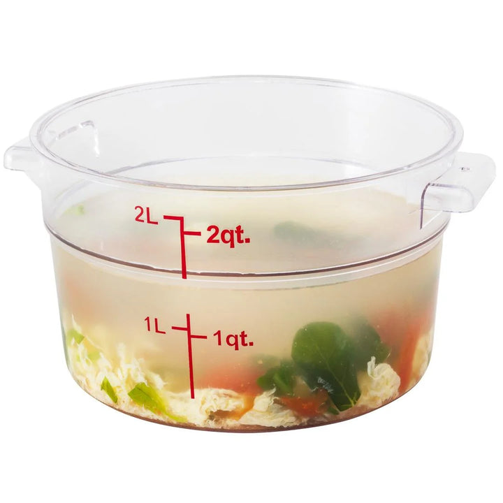 Restaurantware Met Lux 2qt Clear Plastic Food Storage Container, Round, with Red Volume Markers, 7 x 7 x 4.25In - Restaurant Equipment and Smallwares - Canadian Distribution - Ships Free Within Canada on Orders Above CAD $199