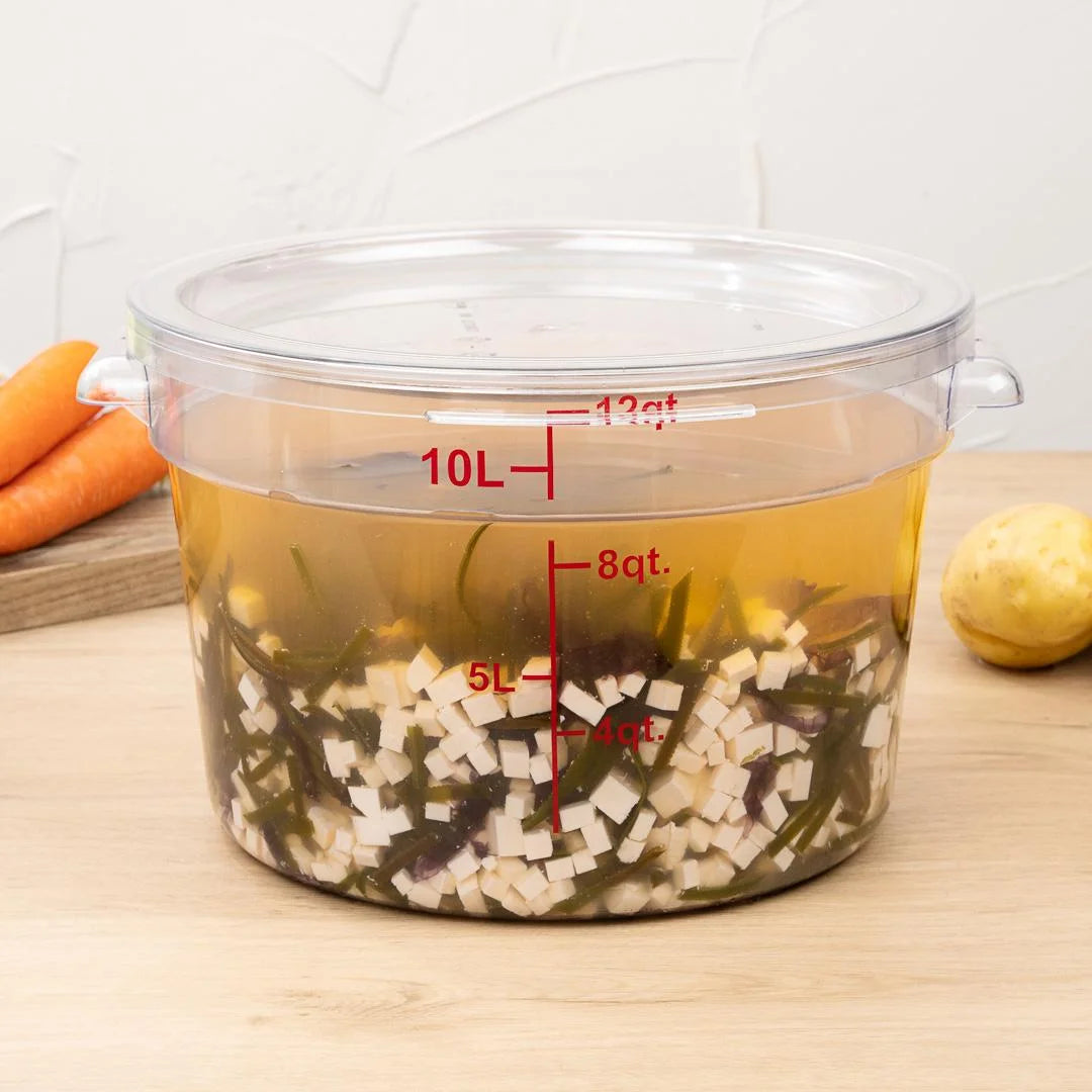 Restaurantware Met Lux 12qt Clear Plastic Food Storage Container, Round, with Red Volume Markers, 12.50 x 12.50 x 8In - Restaurant Equipment and Smallwares - Canadian Distribution - Ships Free Within Canada on Orders Above CAD $199