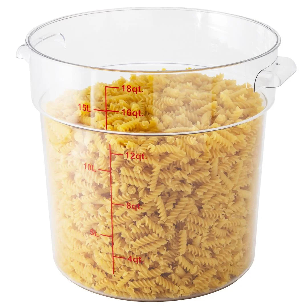 Restaurantware Met Lux 18qt Clear Plastic Food Storage Container, Round, with Red Volume Markers, 12.50 x 12.50 x 12In - Restaurant Equipment and Smallwares - Canadian Distribution - Ships Free Within Canada on Orders Above CAD $199