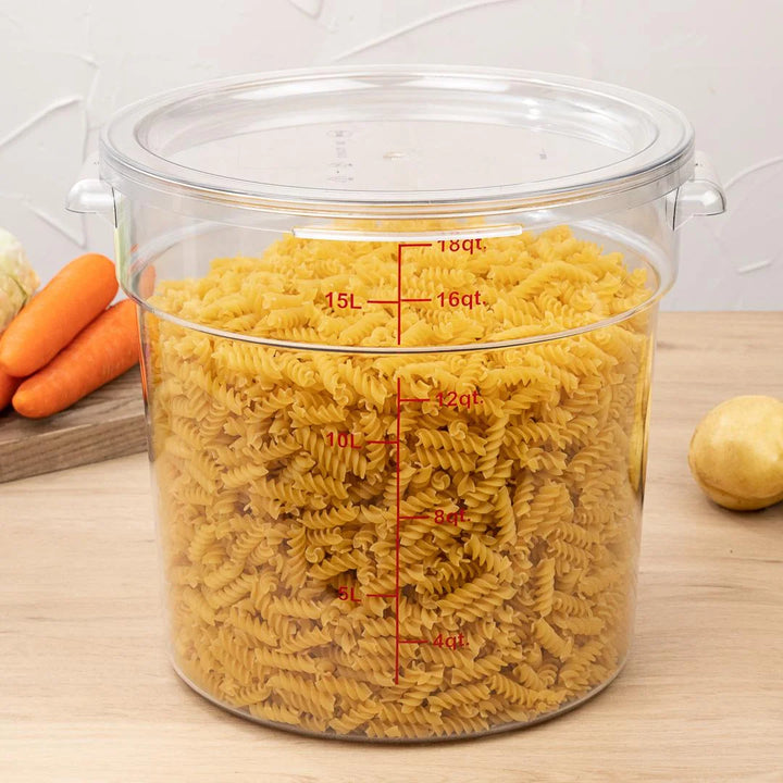 Restaurantware Met Lux 18qt Clear Plastic Food Storage Container, Round, with Red Volume Markers, 12.50 x 12.50 x 12In - Restaurant Equipment and Smallwares - Canadian Distribution - Ships Free Within Canada on Orders Above CAD $199