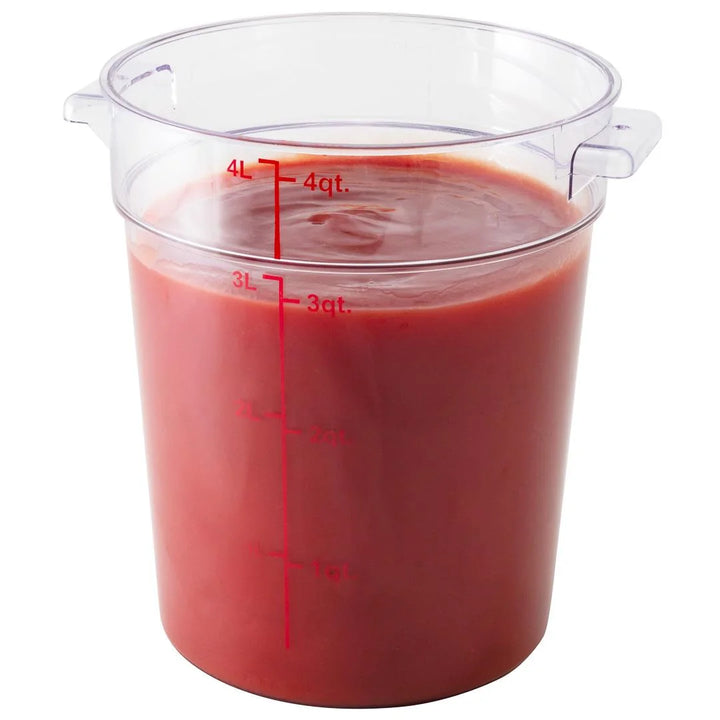 Restaurantware Met Lux 4qt Clear Plastic Food Storage Container, Round, with Red Volume Markers, 7 x 7 x 8.50In - Restaurant Equipment and Smallwares - Canadian Distribution - Ships Free Within Canada on Orders Above CAD $199