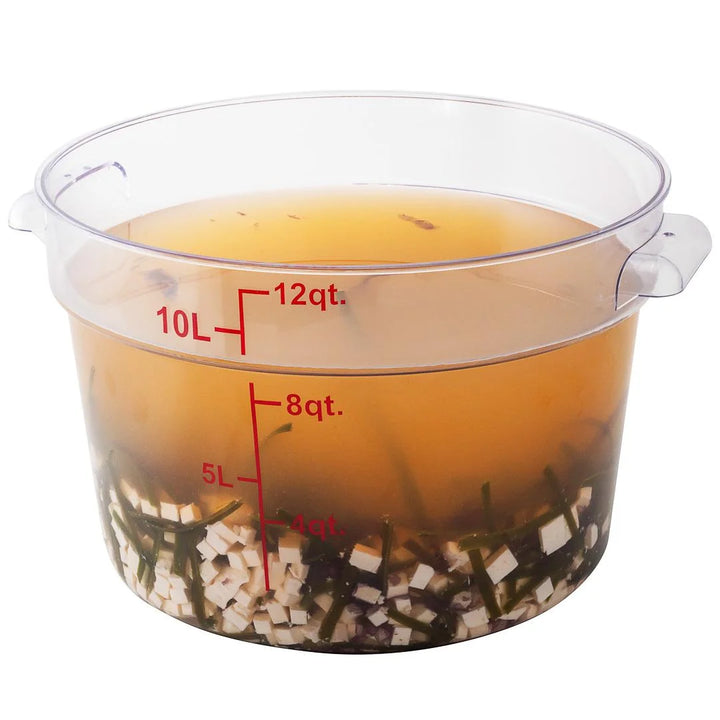 Restaurantware Met Lux 12qt Clear Plastic Food Storage Container, Round, with Red Volume Markers, 12.50 x 12.50 x 8In - Restaurant Equipment and Smallwares - Canadian Distribution - Ships Free Within Canada on Orders Above CAD $199
