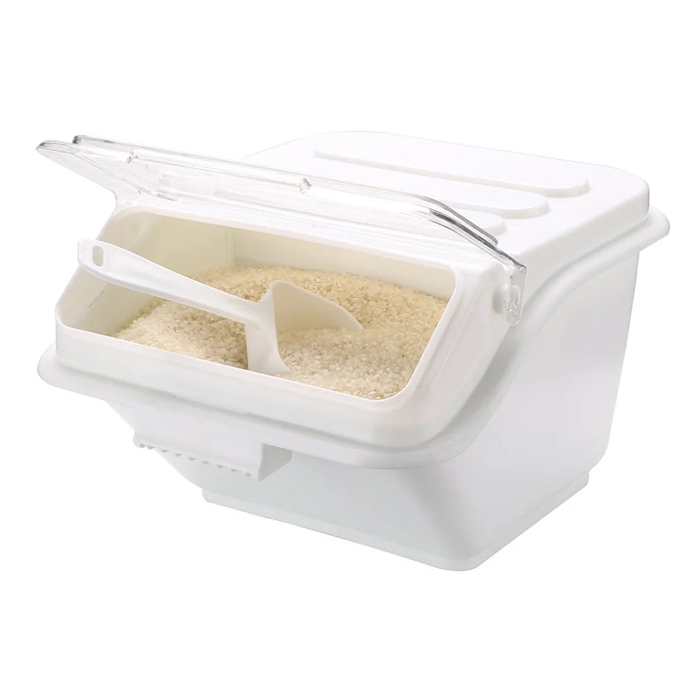 Restaurantware Met Lux 2.6 Gallon White Plastic Rectangular Ingredient Bin, With 0.5 Cup Scoop, Slant-Top - Restaurant Equipment and Smallwares - Canadian Distribution - Ships Free Within Canada on Orders Above CAD $199