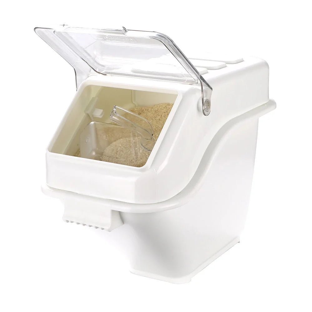 Restaurantware Met Lux 6 Gallon White Plastic Rectangular Ingredient Bin, With 2.5 Cup Scoop, Slant-Top - 1 Unit/Case - Restaurant Equipment and Smallwares - Canadian Distribution - Ships Free Within Canada on Orders Above CAD $199