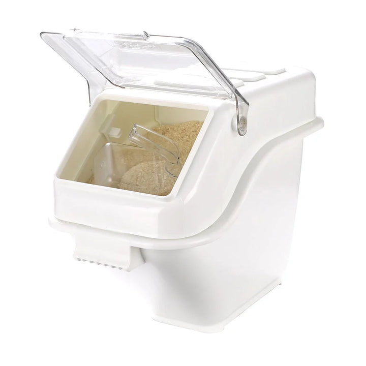 Restaurantware Met Lux 6 Gallon White Plastic Rectangular Ingredient Bin, With 2.5 Cup Scoop, Slant-Top - 1 Unit/Case - Restaurant Equipment and Smallwares - Canadian Distribution - Ships Free Within Canada on Orders Above CAD $199