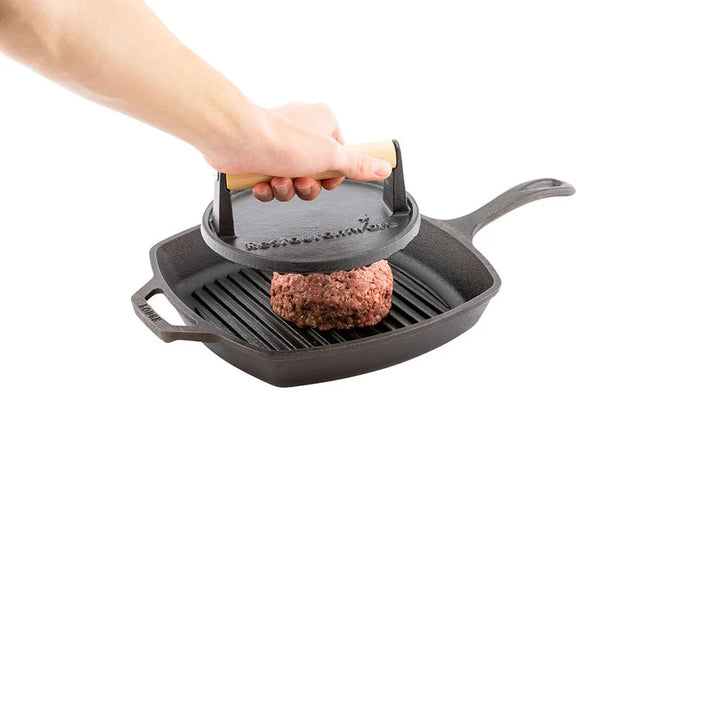 Restaurantware Met Lux 7 Inch Cast Iron Grill Press, With Wooden Handle - Restaurant Equipment and Smallwares - Canadian Distribution - Ships Free Within Canada on Orders Above CAD $199