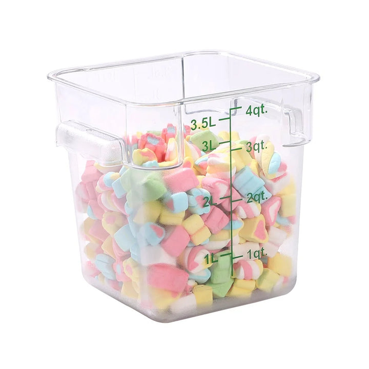Restaurantware Met Lux 4Qt Clear Plastic Square Food Storage Containers, With Blue Volume Marker, 7 X 7 X 7.25In - Restaurant Equipment and Smallwares - Canadian Distribution - Ships Free Within Canada on Orders Above CAD $199